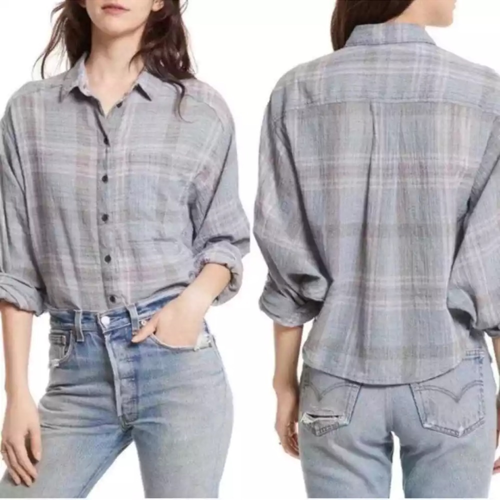 Free People Cutie Cropped Batwing Long Sleeve Plaid Button Shirt